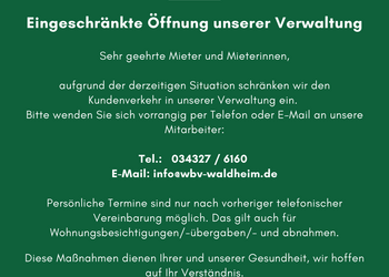 Information eingeschränkte Öffnungszeit wegen Corona